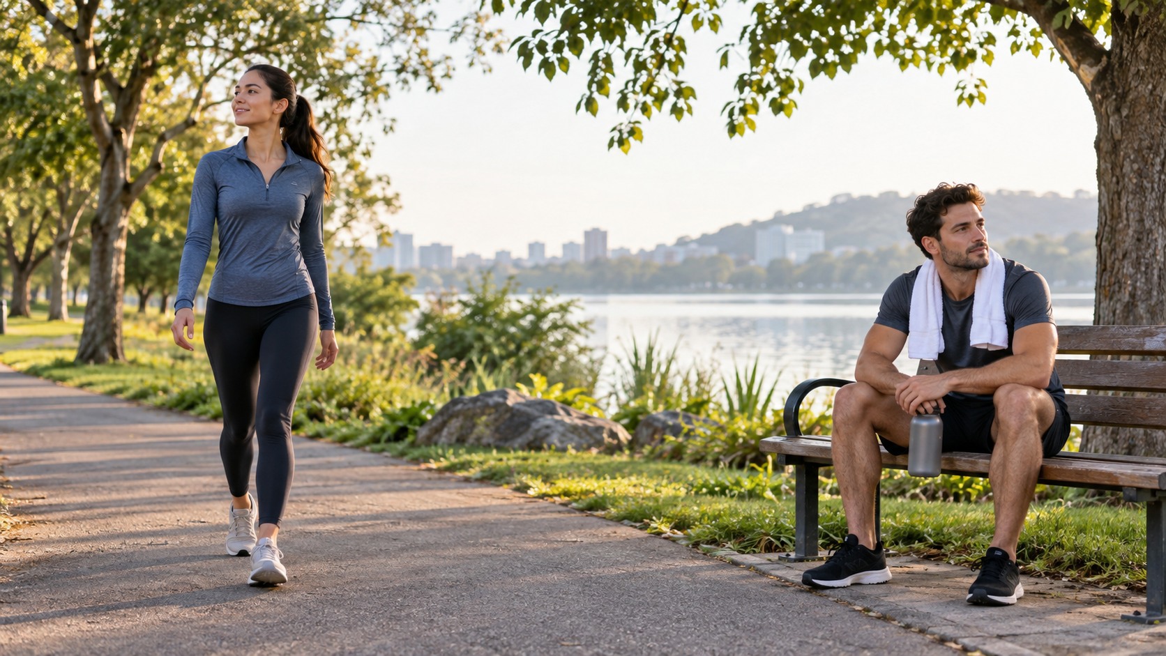 Two athletes in a park with one walking for active recovery and one resting on a bench