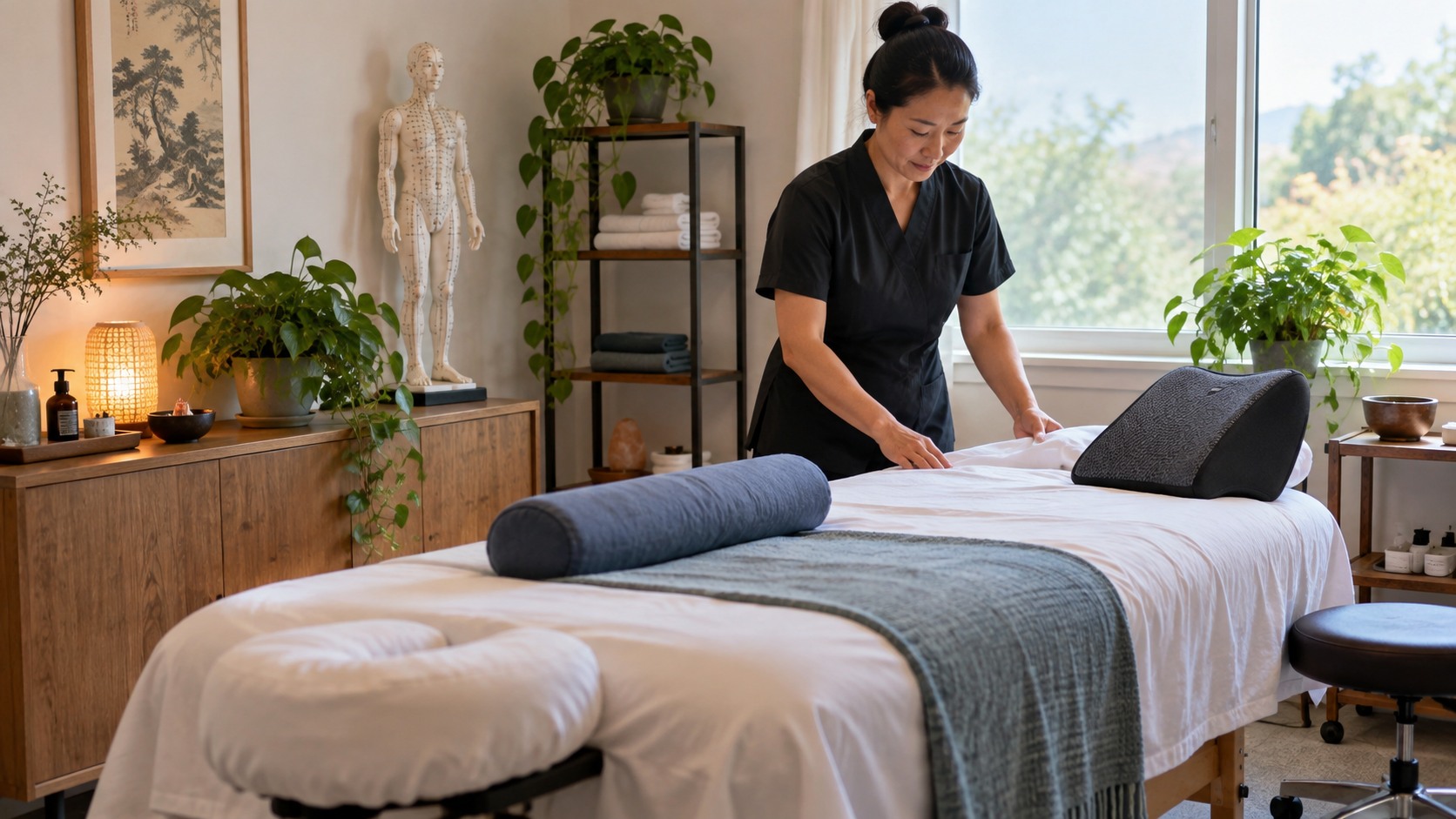 Acupuncture room prepared with lumbar support props and treatment table for back pain care