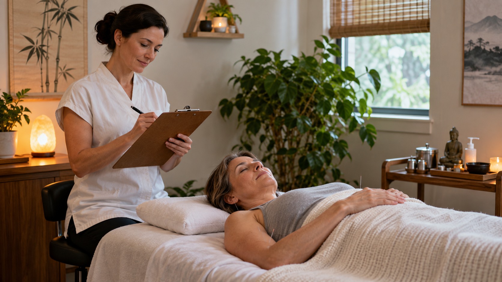 Acupuncture client resting while practitioner reviews a blank intake clipboard in a calm clinic
