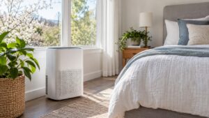 Plain air purifier in a bright bedroom near a window during allergy season