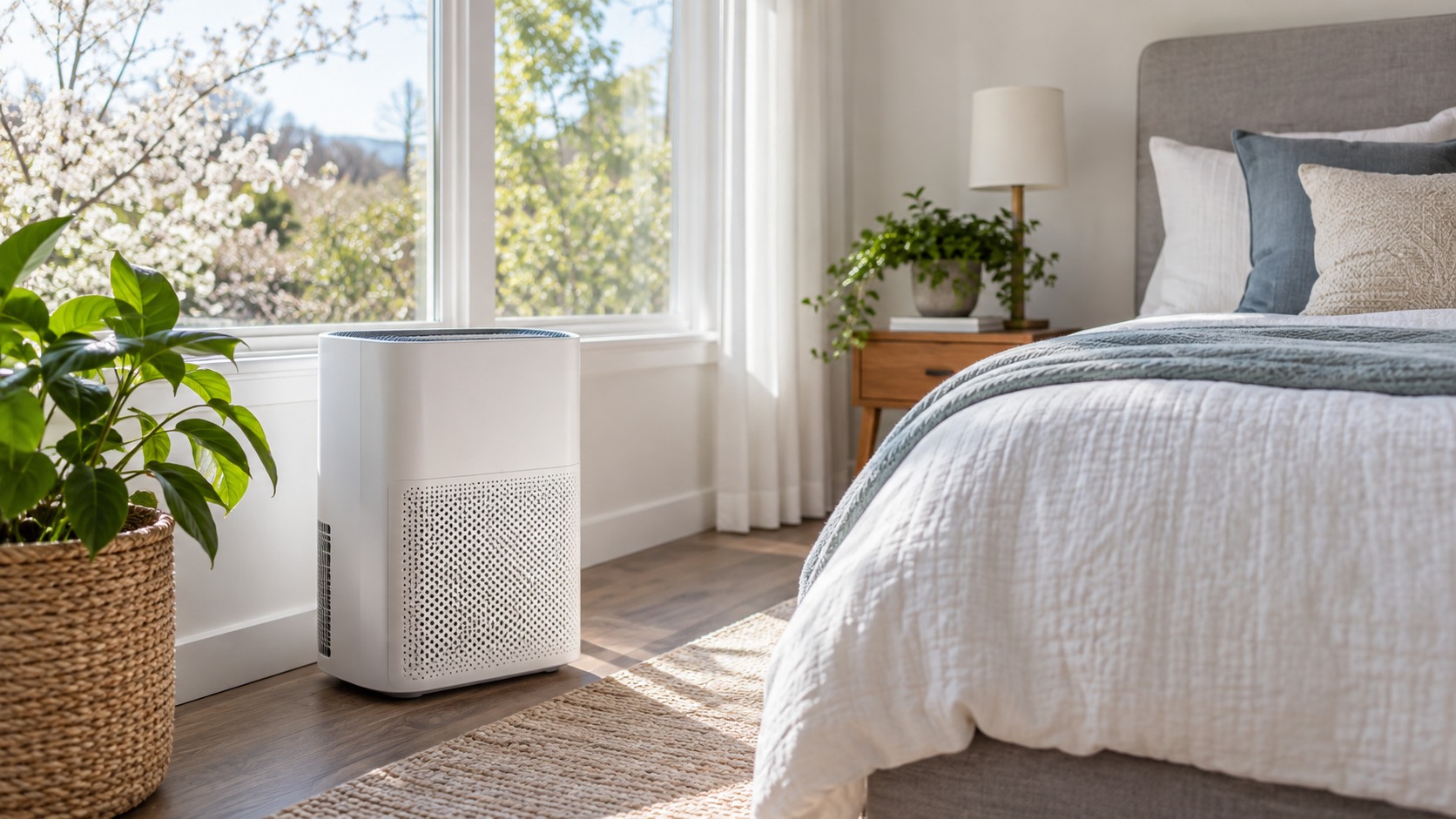 Plain air purifier in a bright bedroom near a window during allergy season
