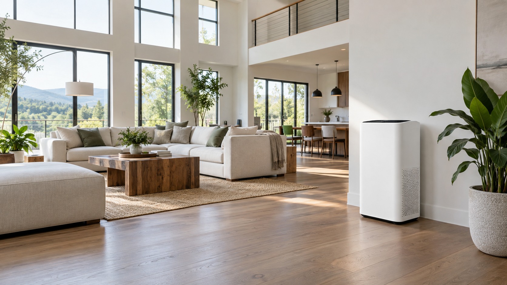 Plain large air purifier in a spacious open-plan living room with high windows