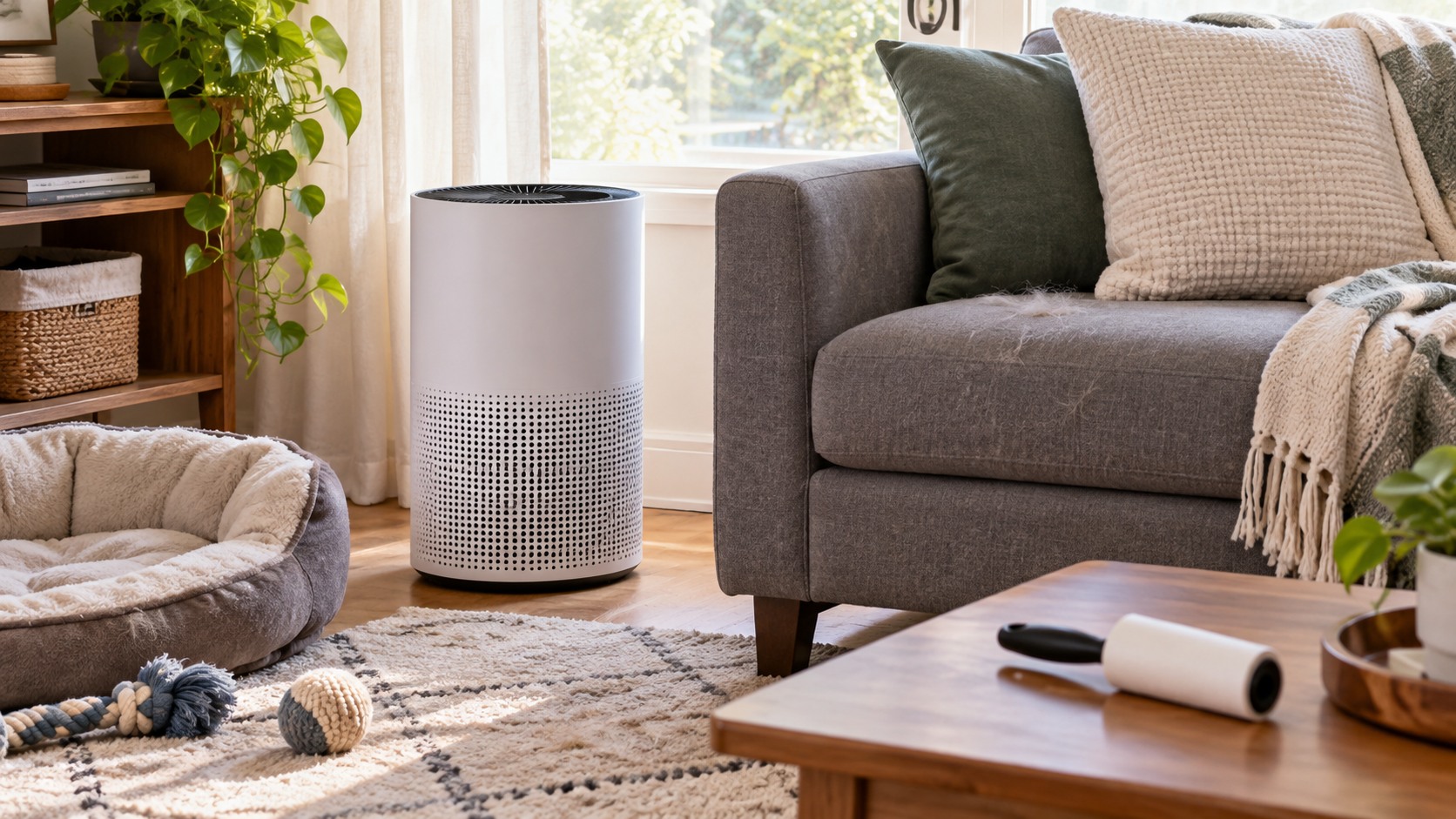 Plain air purifier in a pet-friendly living room with pet bed and lint roller