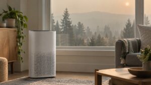 Plain air purifier beside a closed window with faint smoky haze outside