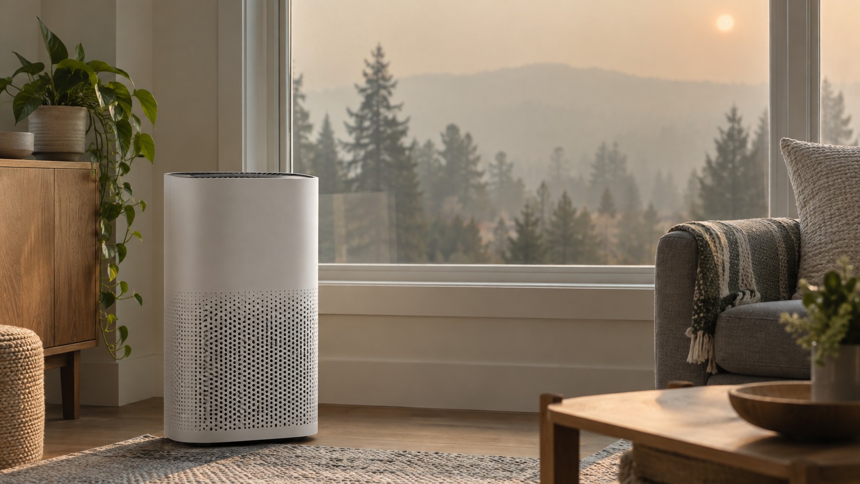 Plain air purifier beside a closed window with faint smoky haze outside