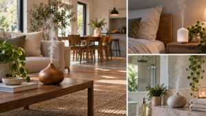 Multiple plain aromatherapy diffusers shown in living room bedroom and bathroom settings