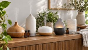 Several plain essential oil diffusers with unlabeled amber bottles on a wooden console