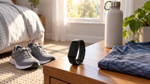 Plain fitness tracker with blank screen beside walking shoes water bottle and folded workout shirt