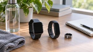 Plain health tracking watch band and ring wearable with blank screens on a desk