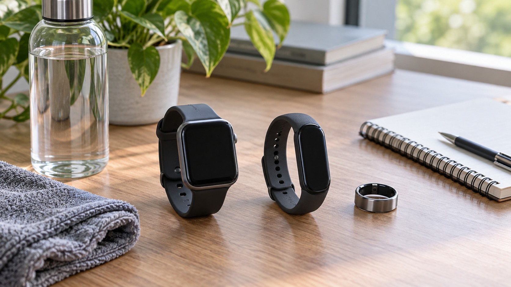 Plain health tracking watch band and ring wearable with blank screens on a desk
