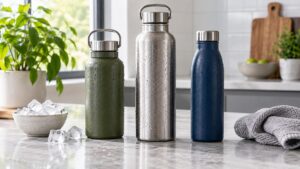 Three plain insulated water bottles with ice towel and plants on a kitchen counter