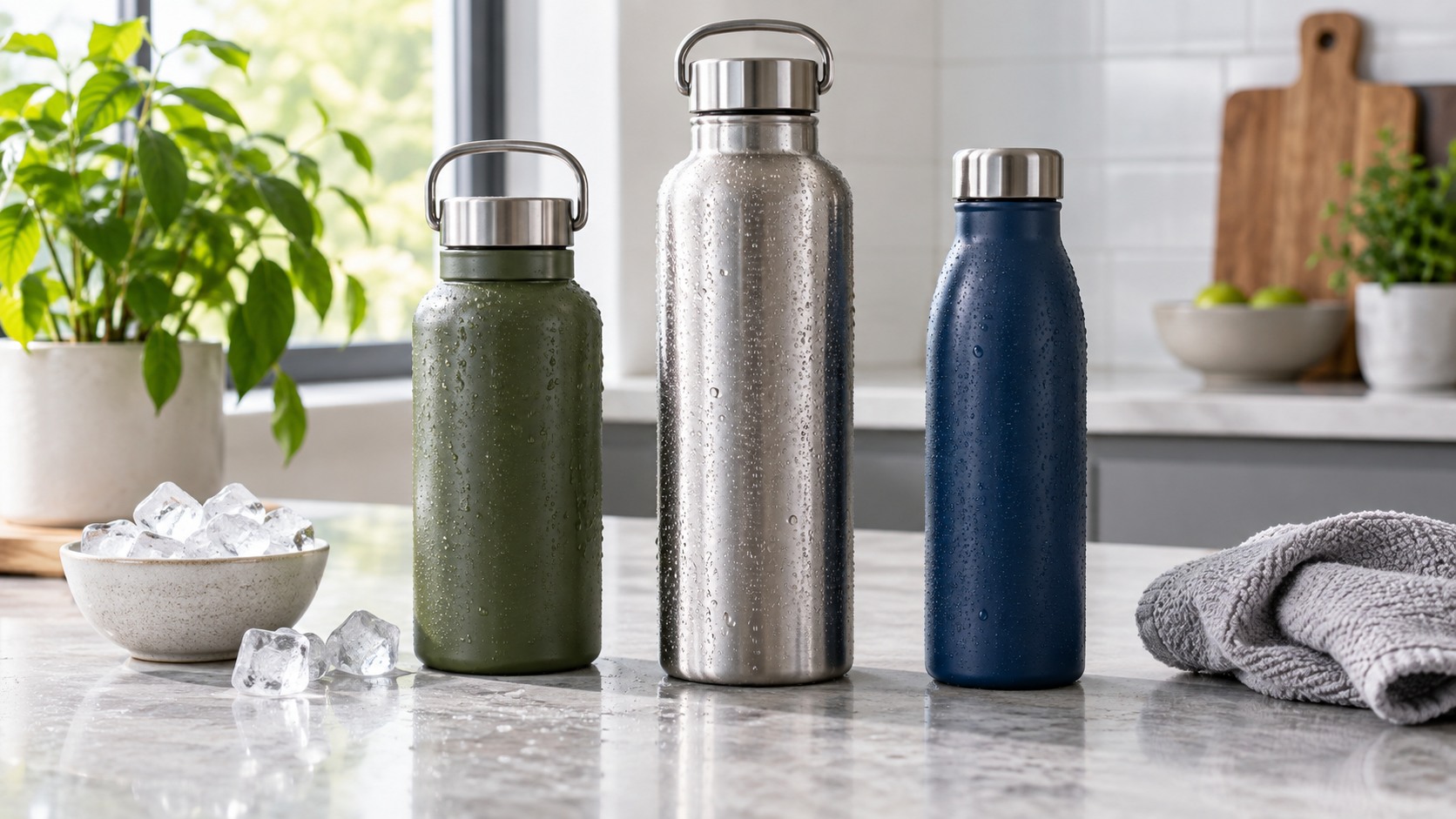 Three plain insulated water bottles with ice towel and plants on a kitchen counter