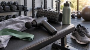 Plain massage gun on gym bench with towel resistance band foam roller shoes and water bottle