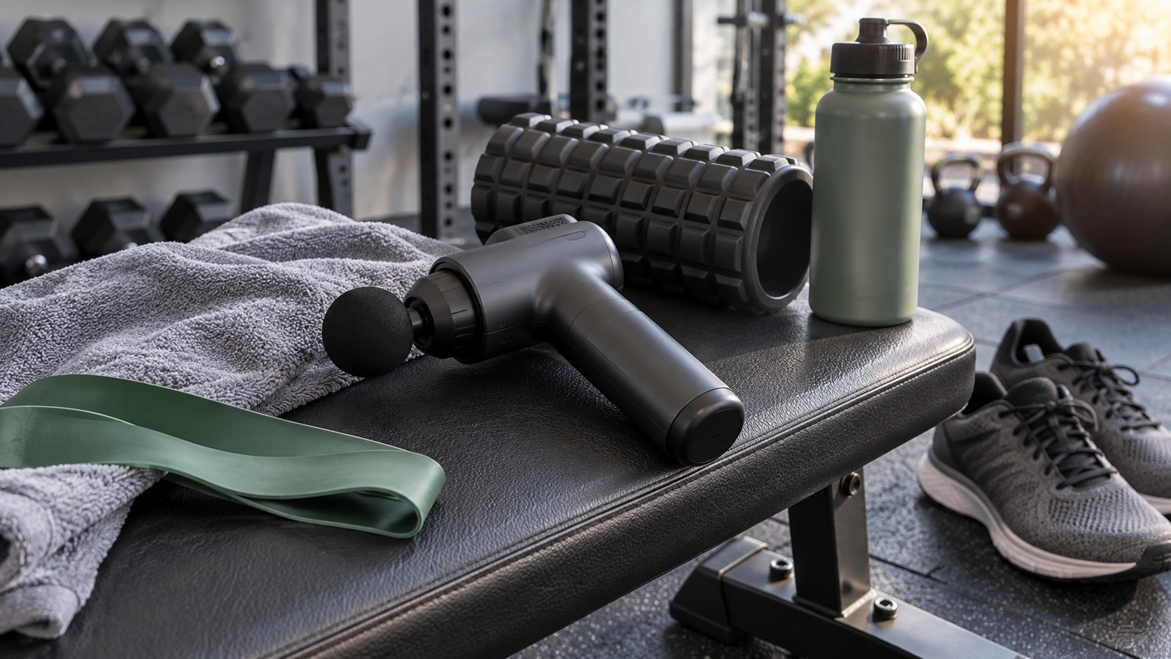 Plain massage gun on gym bench with towel resistance band foam roller shoes and water bottle