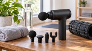 Plain massage gun with attachment heads towel foam roller and water bottle in home recovery space