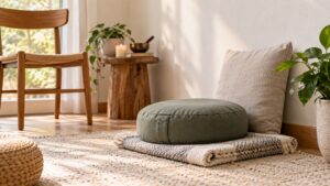 Supportive meditation cushion stacked with a folded blanket near a wall and chair