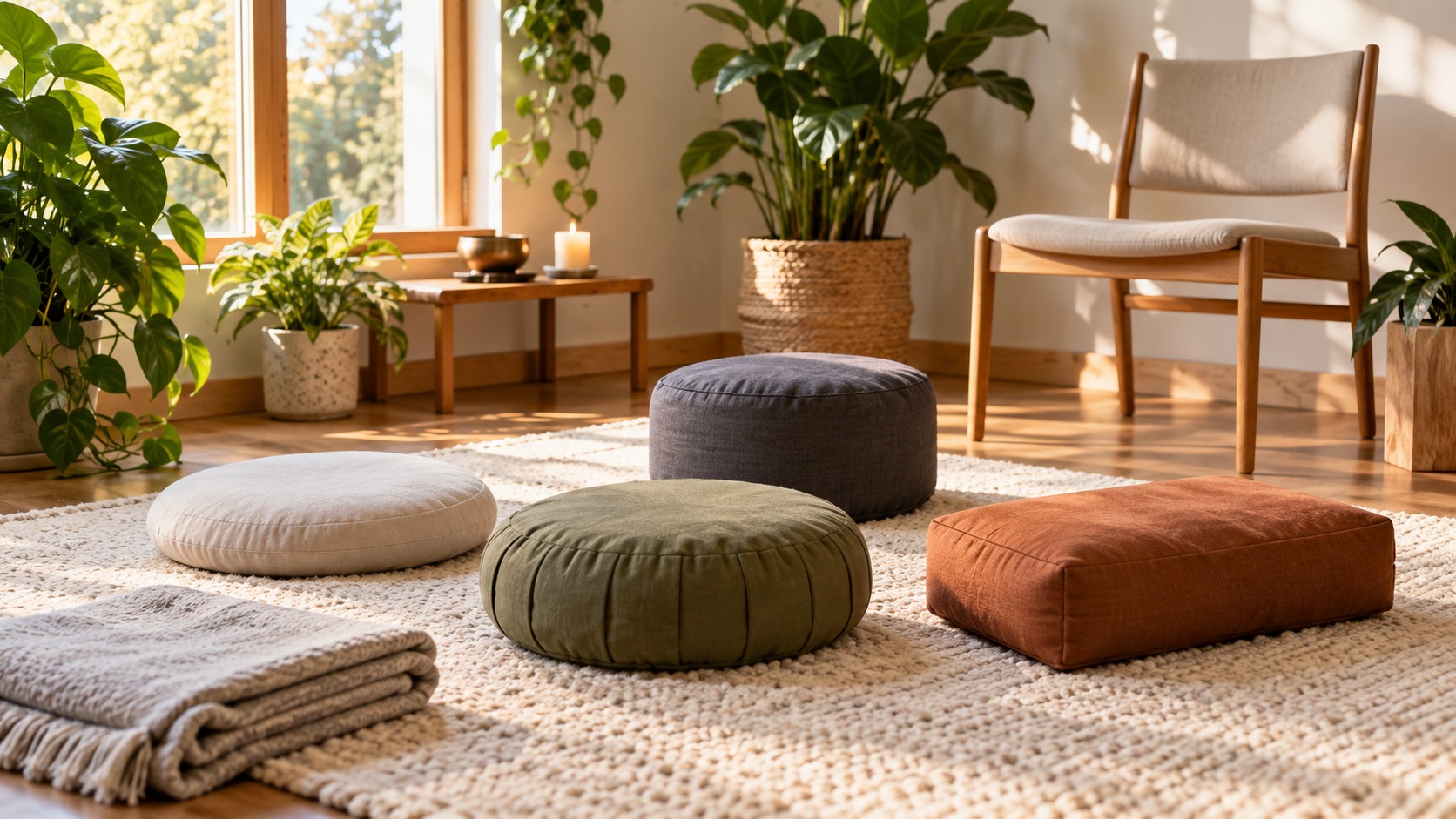 Beginner meditation space with several plain cushions blanket chair and plants
