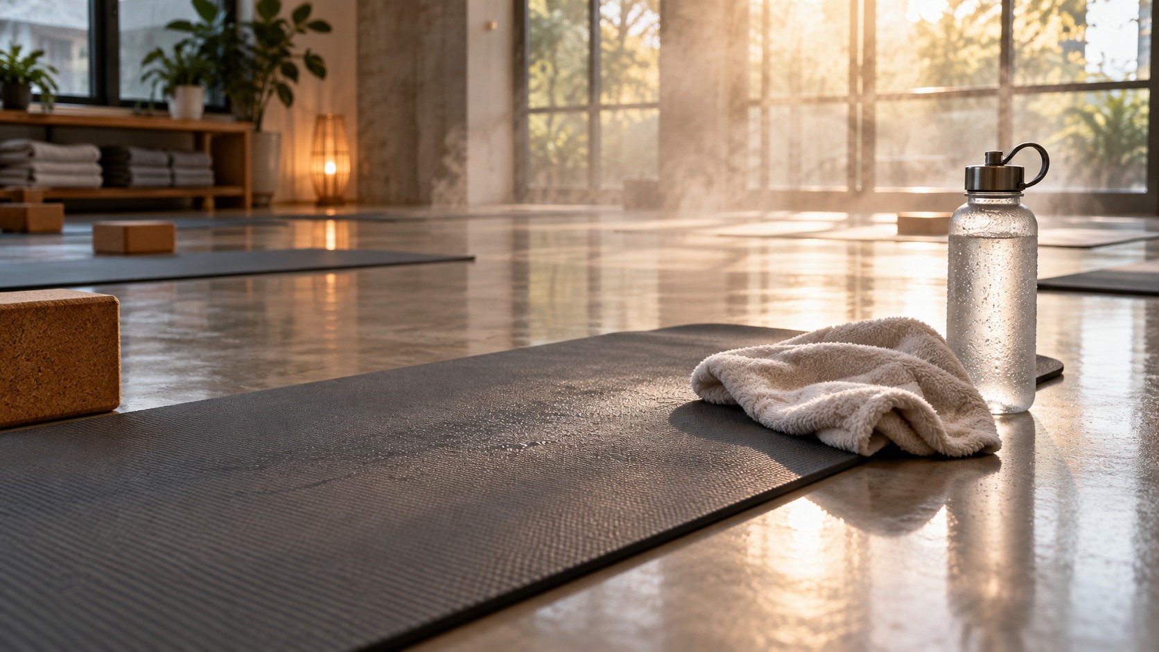Plain textured yoga mat with towel and unbranded water bottle in a warm hot yoga studio