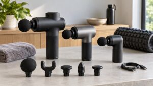 Three plain percussion massage devices with attachment heads towel and foam roller