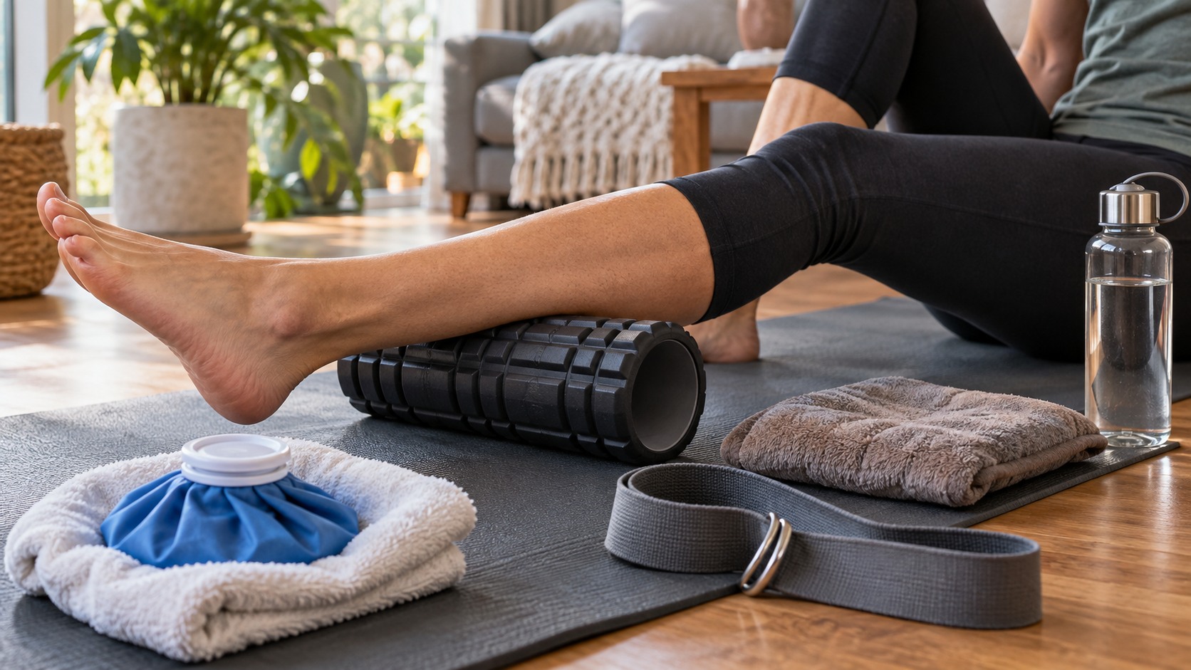 Person foam rolling a sore calf at home with ice pack towel warm compress and stretching strap