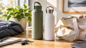 Two plain reusable water bottles on a daily carry table with tote bag and jacket