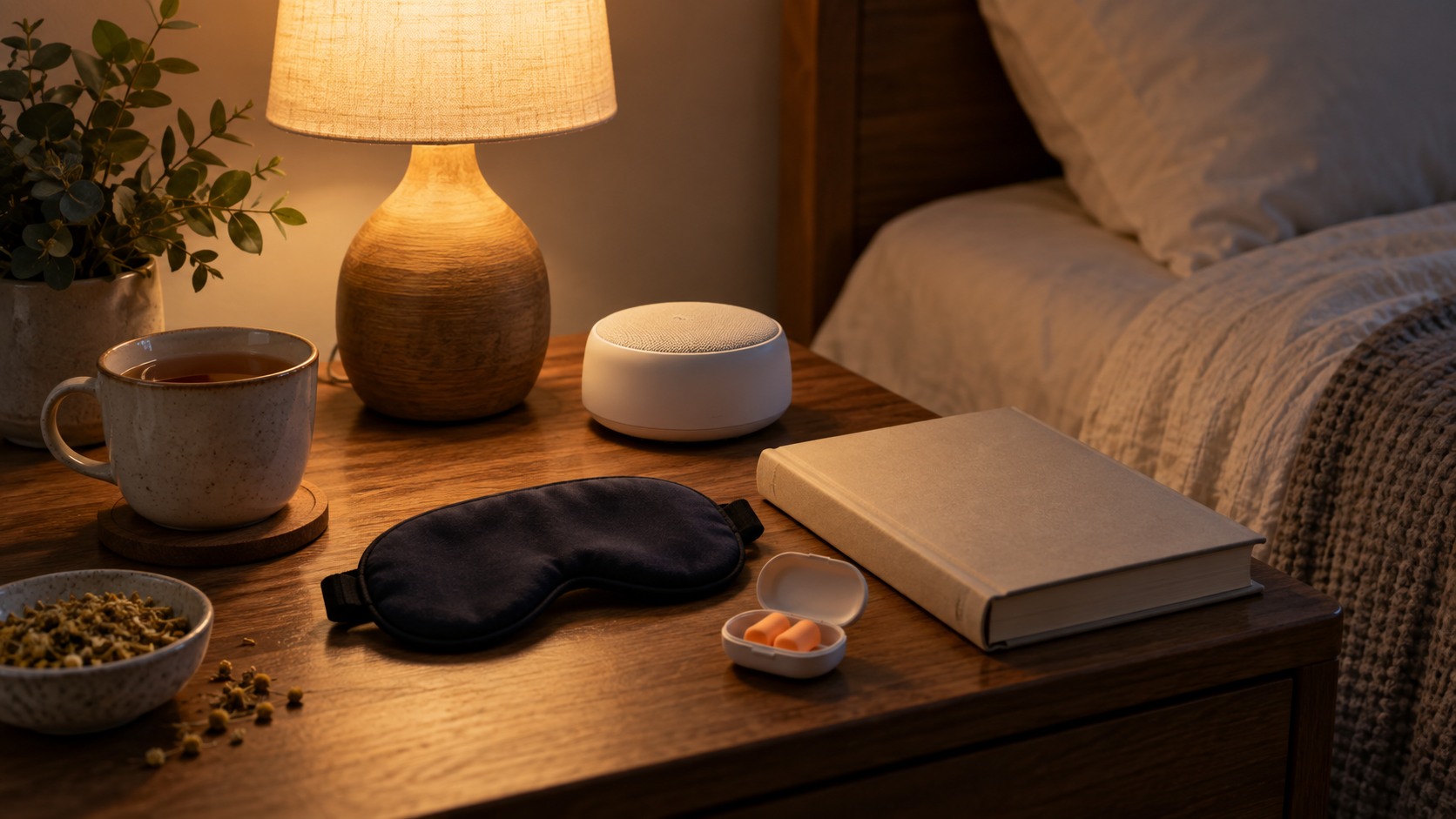 Warm nightstand with sleep mask earplugs white noise device tea and blank book