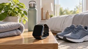 Plain smartwatch with blank screen beside shoes towel and water bottle in morning light