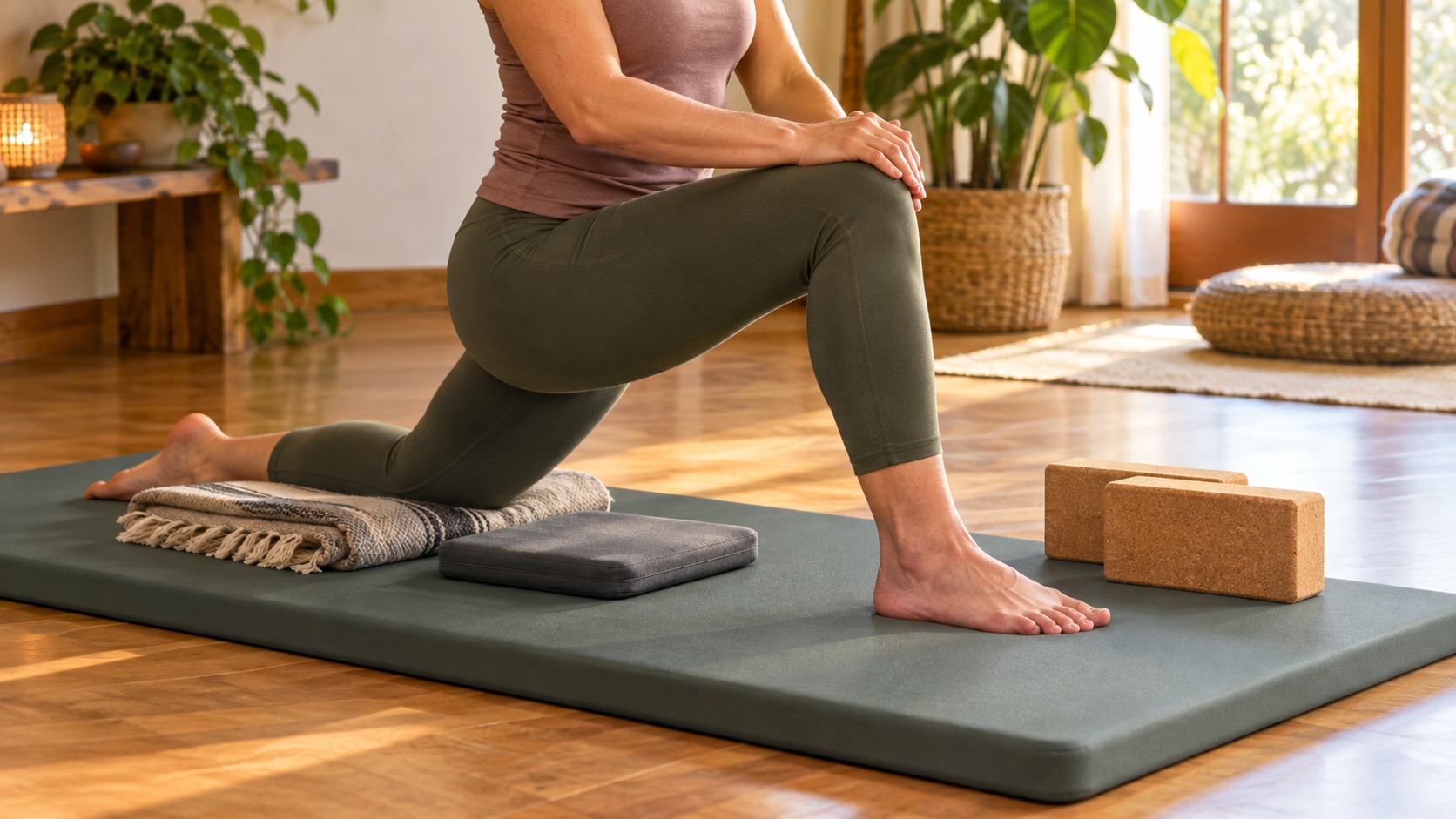 Person kneeling on an extra-thick plain yoga mat with blanket cushion and blocks for support