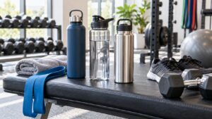 Plain workout water bottles on a gym bench with towel resistance band and shoes