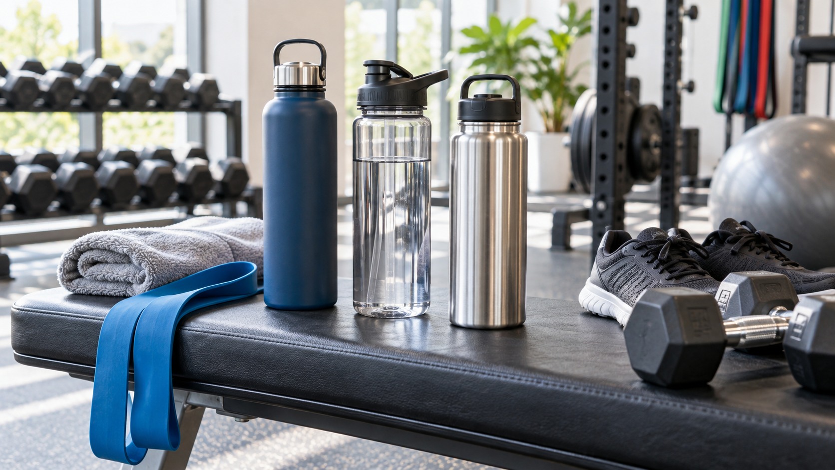 Plain workout water bottles on a gym bench with towel resistance band and shoes