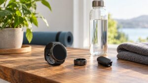 Plain wearable wellness devices with blank screens beside a water bottle and towel