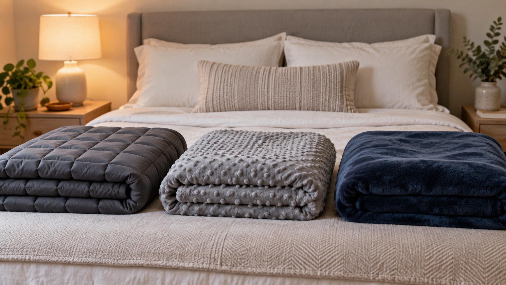 Three plain weighted blankets of different textures folded on an adult bed