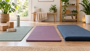 Three plain yoga mats in a beginner home practice space with blocks strap and plants