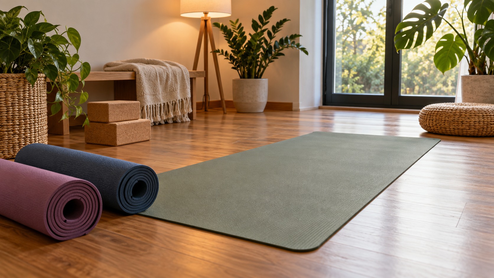 Cozy home yoga corner with plain rolled mats an unrolled mat blanket blocks and plants