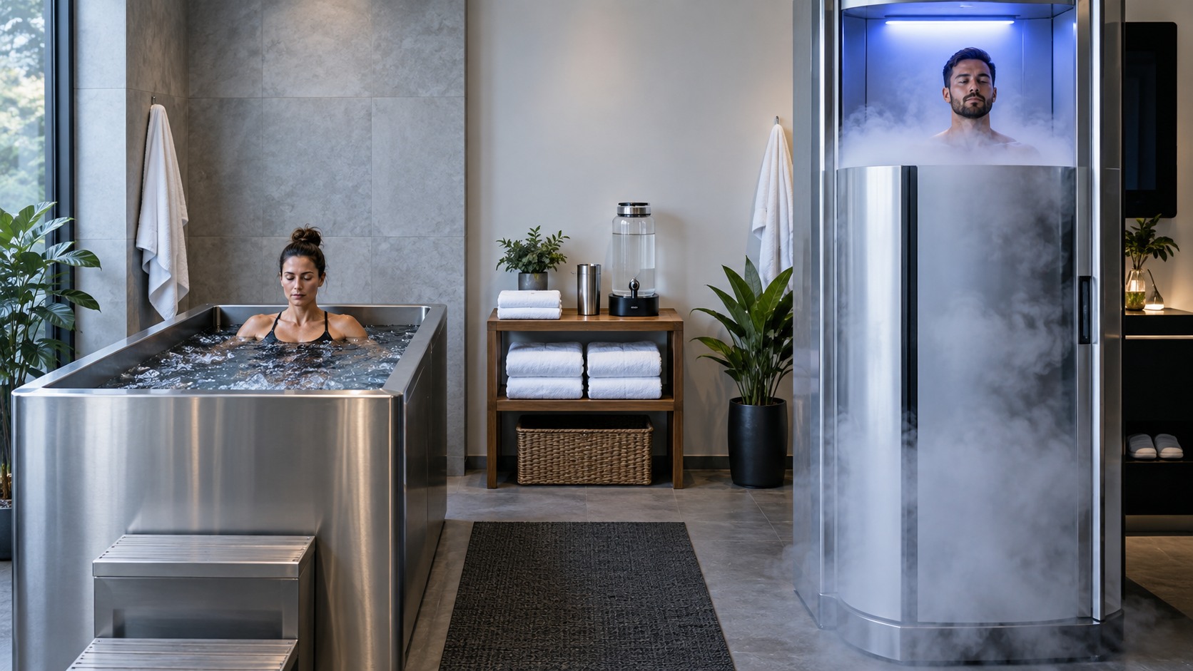 Modern recovery room with cold plunge tub beside a cryotherapy chamber