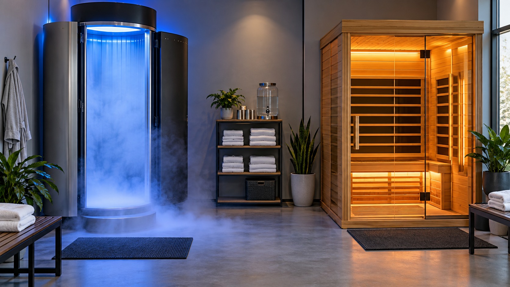 Modern recovery studio with cryotherapy chamber beside infrared sauna cabin and clean towels