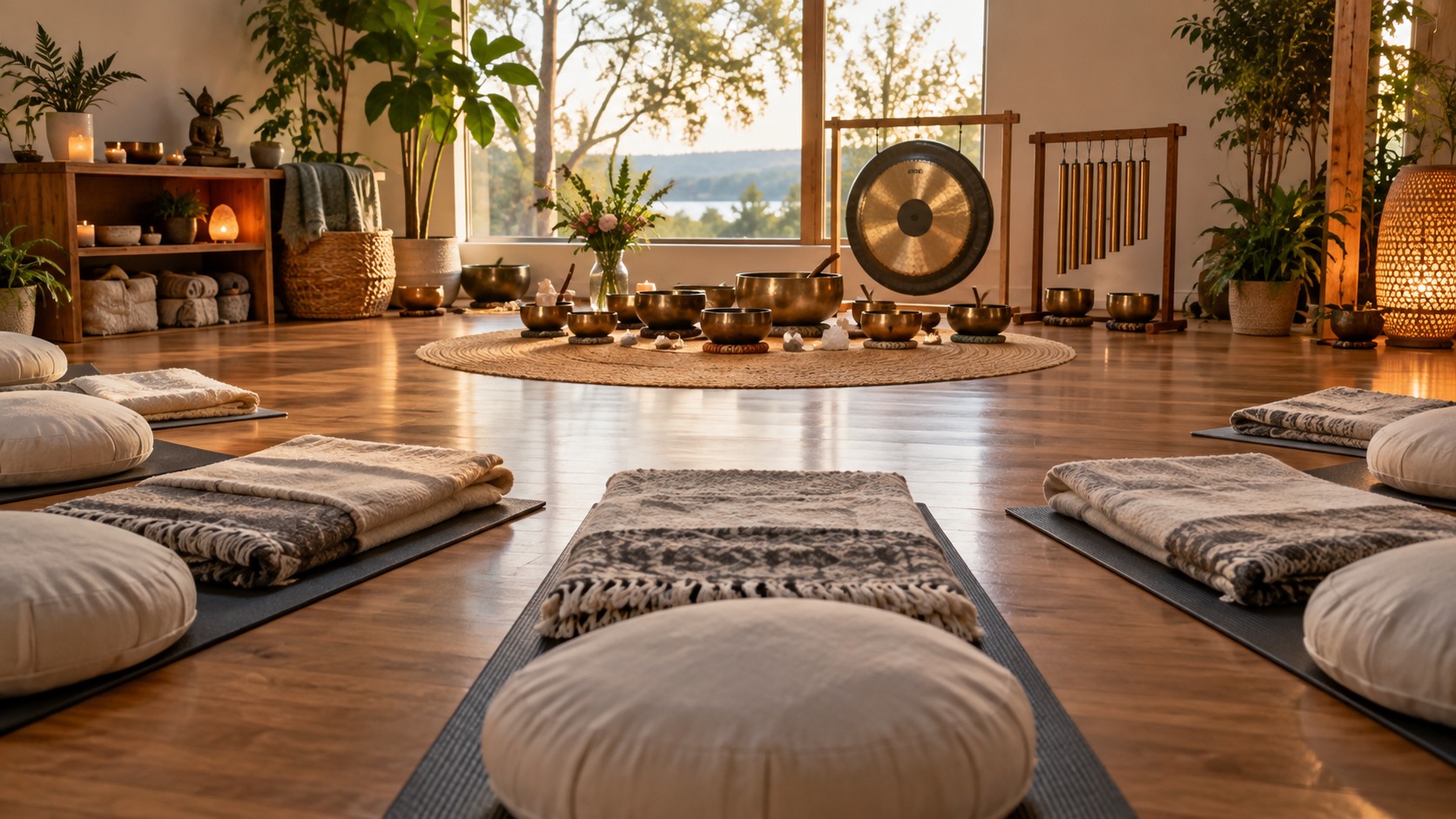Sound bath room with mats blankets singing bowls chimes and gong prepared for participants
