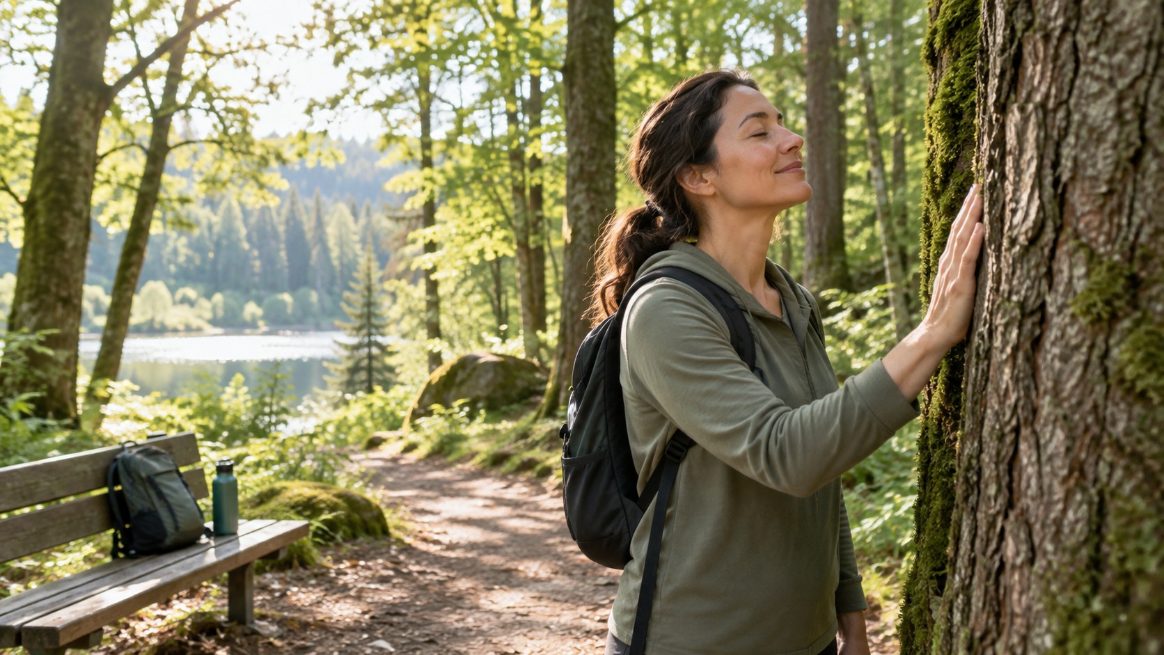 Beginner forest bathing practice on a wooded path with one hand resting on tree bark
