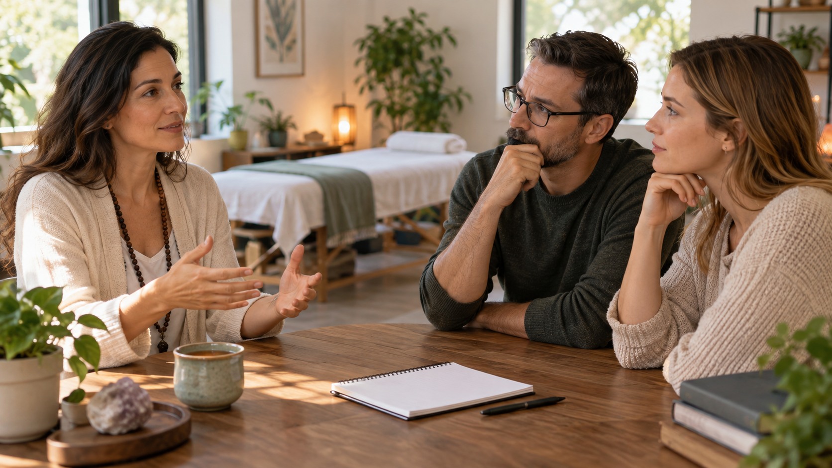 Reiki practitioner speaking with two clients at a consultation table in a calm wellness room