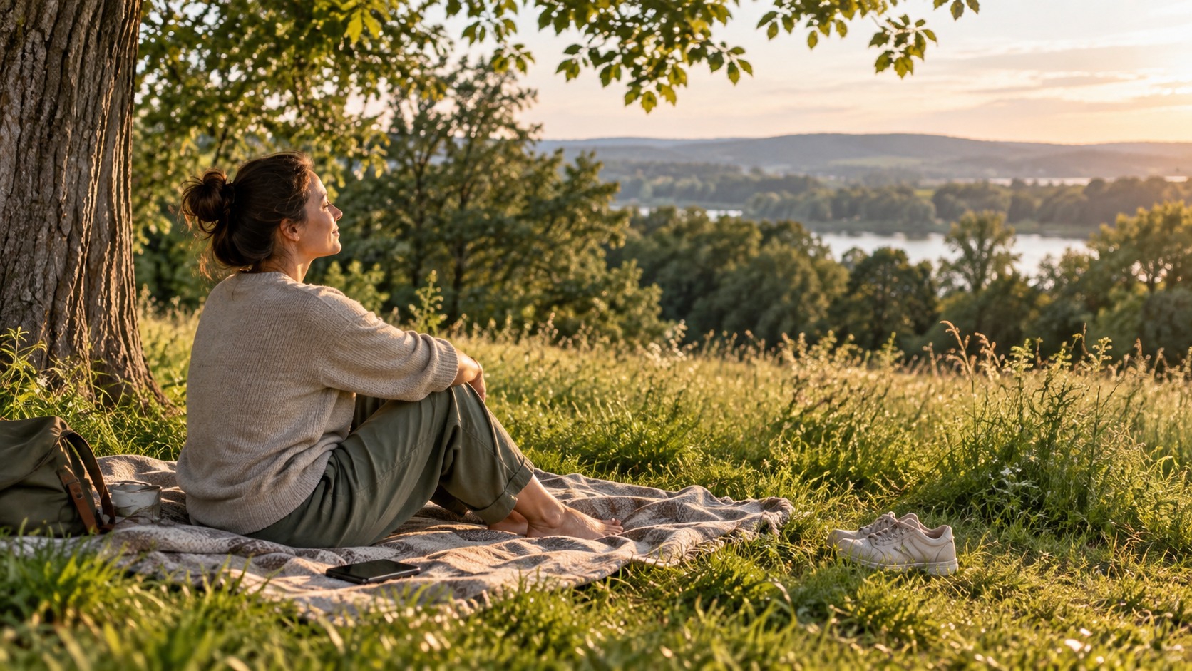 Person resting on a blanket in a quiet park meadow with trees and soft afternoon light