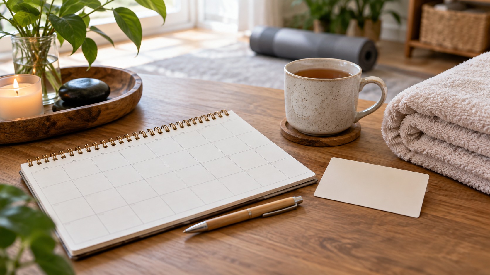 Blank wellness calendar with tea towel and massage planning items on a wooden table