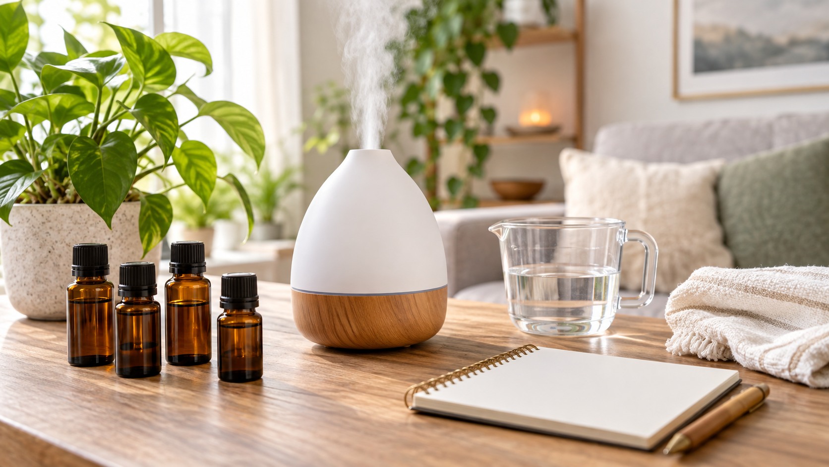 Plain diffuser with unlabeled essential oil bottles water cup cloth and blank notepad