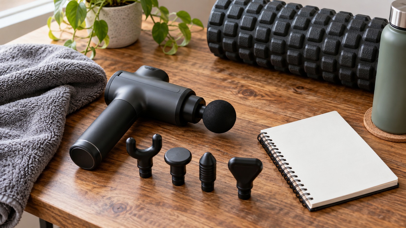 Plain massage gun with attachment heads blank notebook towel and foam roller on wooden table