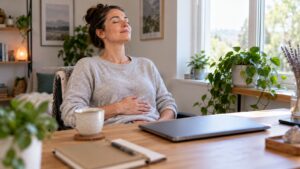 Person pausing at a desk for a short breathing reset with tea plants and soft daylight