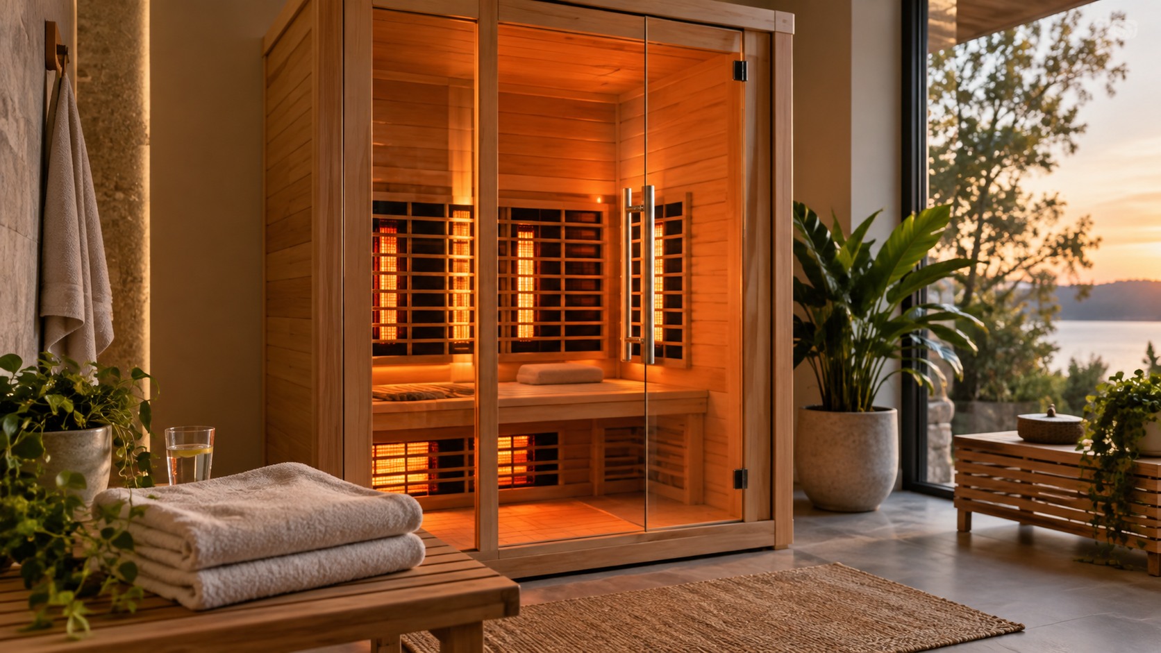 Warm infrared sauna cabin with folded towels water glass and plants near a window