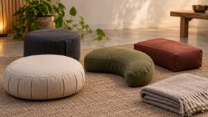 Plain meditation cushions of different shapes and heights arranged beside a folded blanket and plant