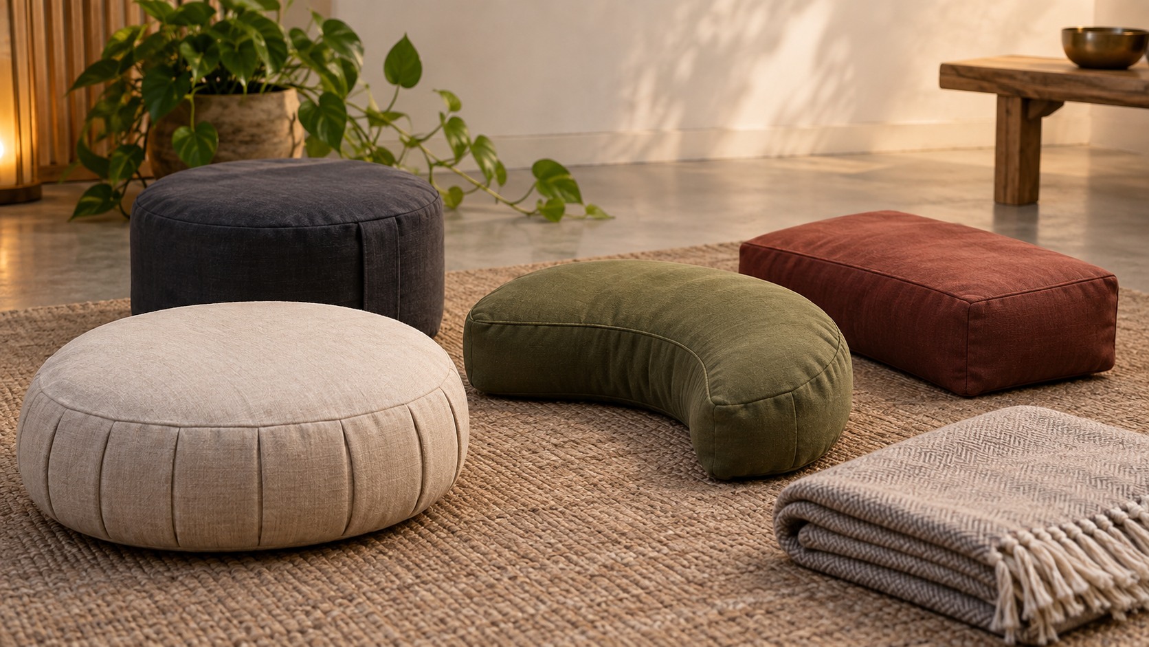 Plain meditation cushions of different shapes and heights arranged beside a folded blanket and plant