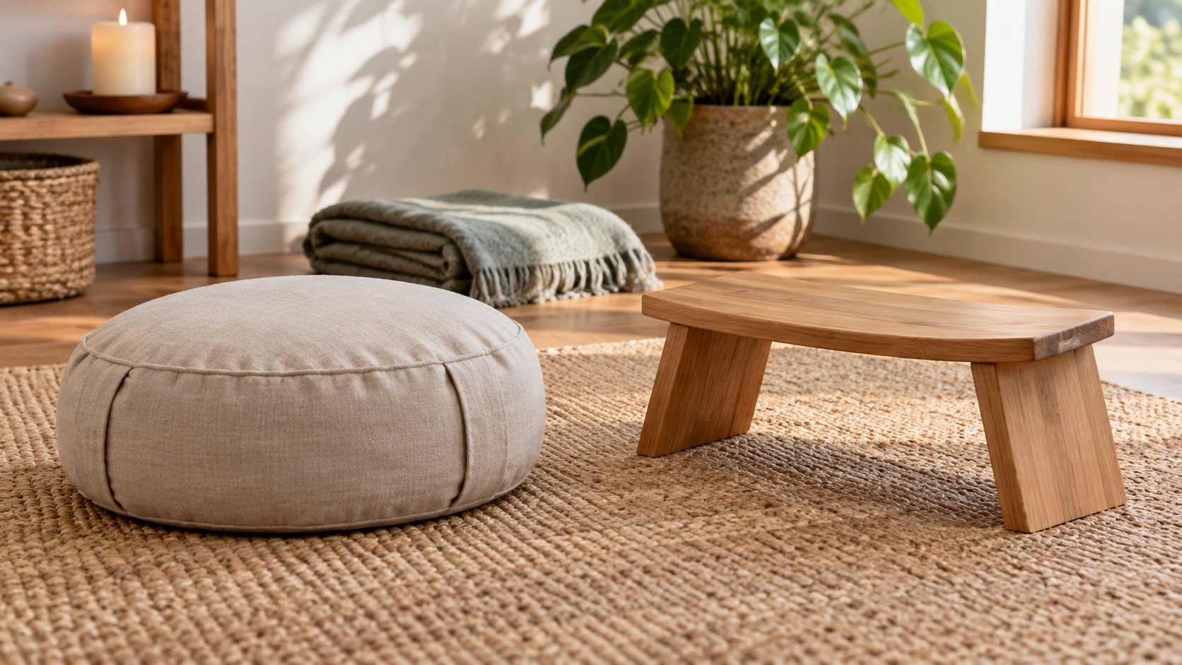 Plain meditation cushion beside a simple wooden meditation bench in a quiet studio corner