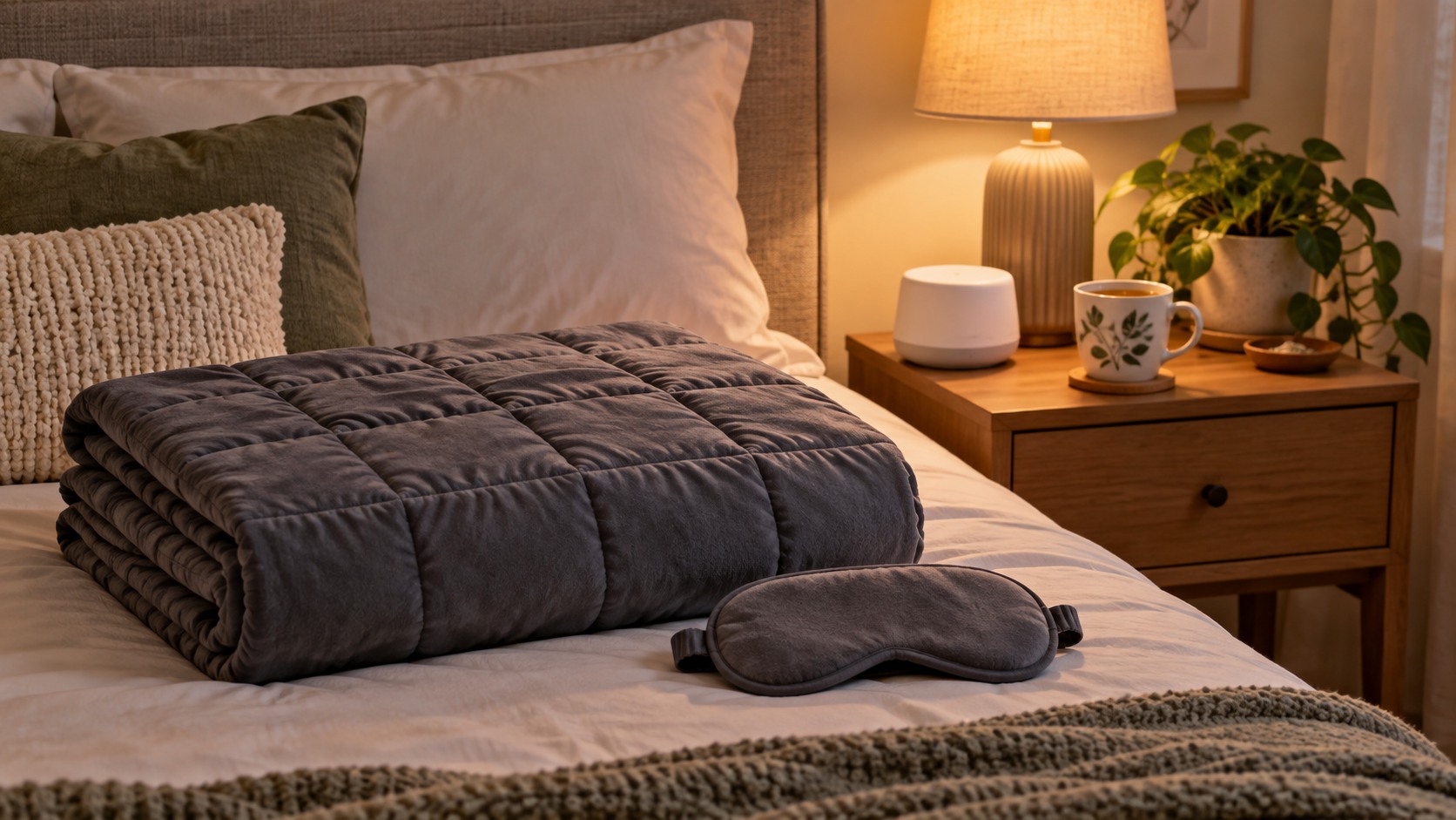 Serene bedroom with folded weighted blanket sleep mask sound machine tea and lamp