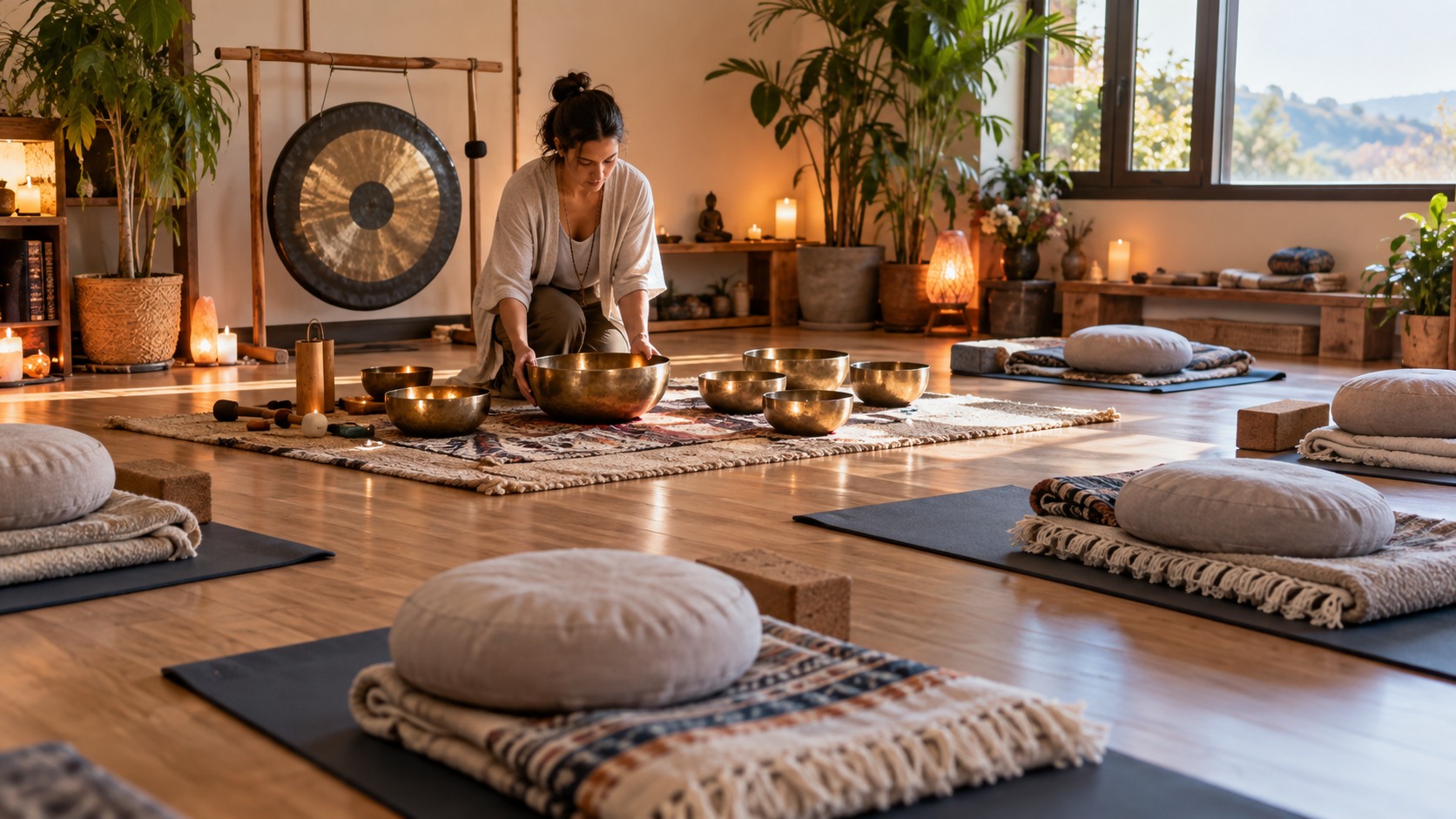 Sound healing facilitator arranging singing bowls in a room with mats and cushions